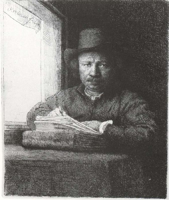 Rembrandt van rijn Self-Portrait Drawing at a window Sweden oil painting art